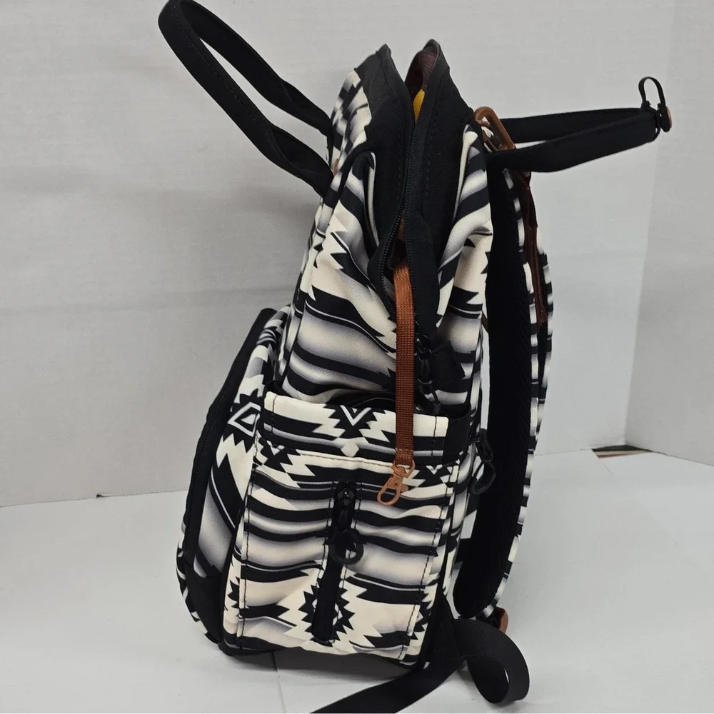 Wrangler Black & White Geometric Backpack Diaper Bag, Adjustable Strap, Pockets